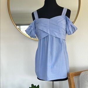 Blue Asymmetrical Ruffled Blouse with Flutter Sleeves